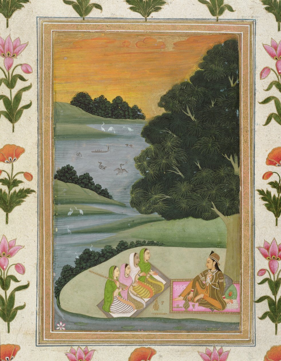 En prinsesse, der lytter til kvindelige musikere ved en flod ved solnedgang, fra Small Clive Album (ugennemsigtigt wc på papir) af Mughal School