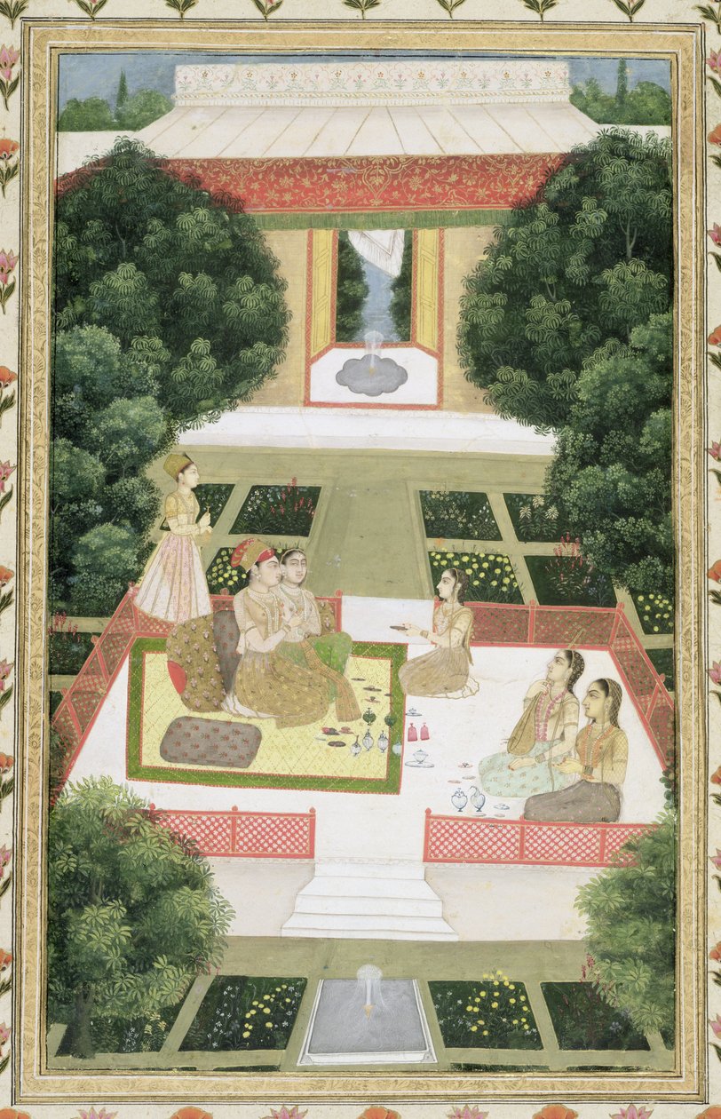 Et par i en have lytter til musik med kvindelige ledsagere, fra Small Clive Album (ugennemsigtigt wc på papir) af Mughal School