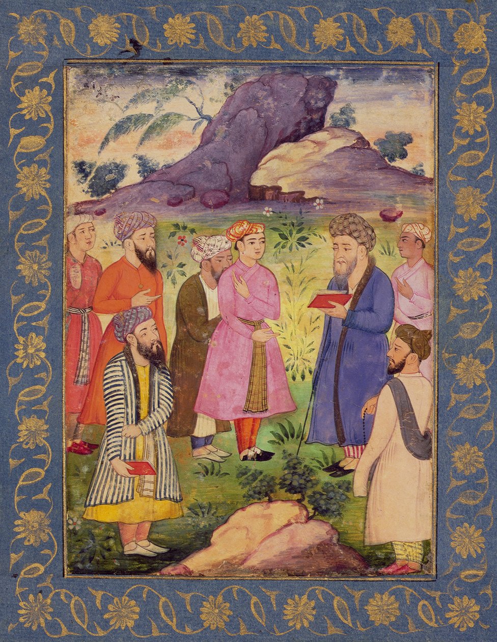 En ædel yngling med ledsagere i et landskab, fra Large Clive Album, ca. 1605 (ugennemsigtigt wc på papir) af Mughal School