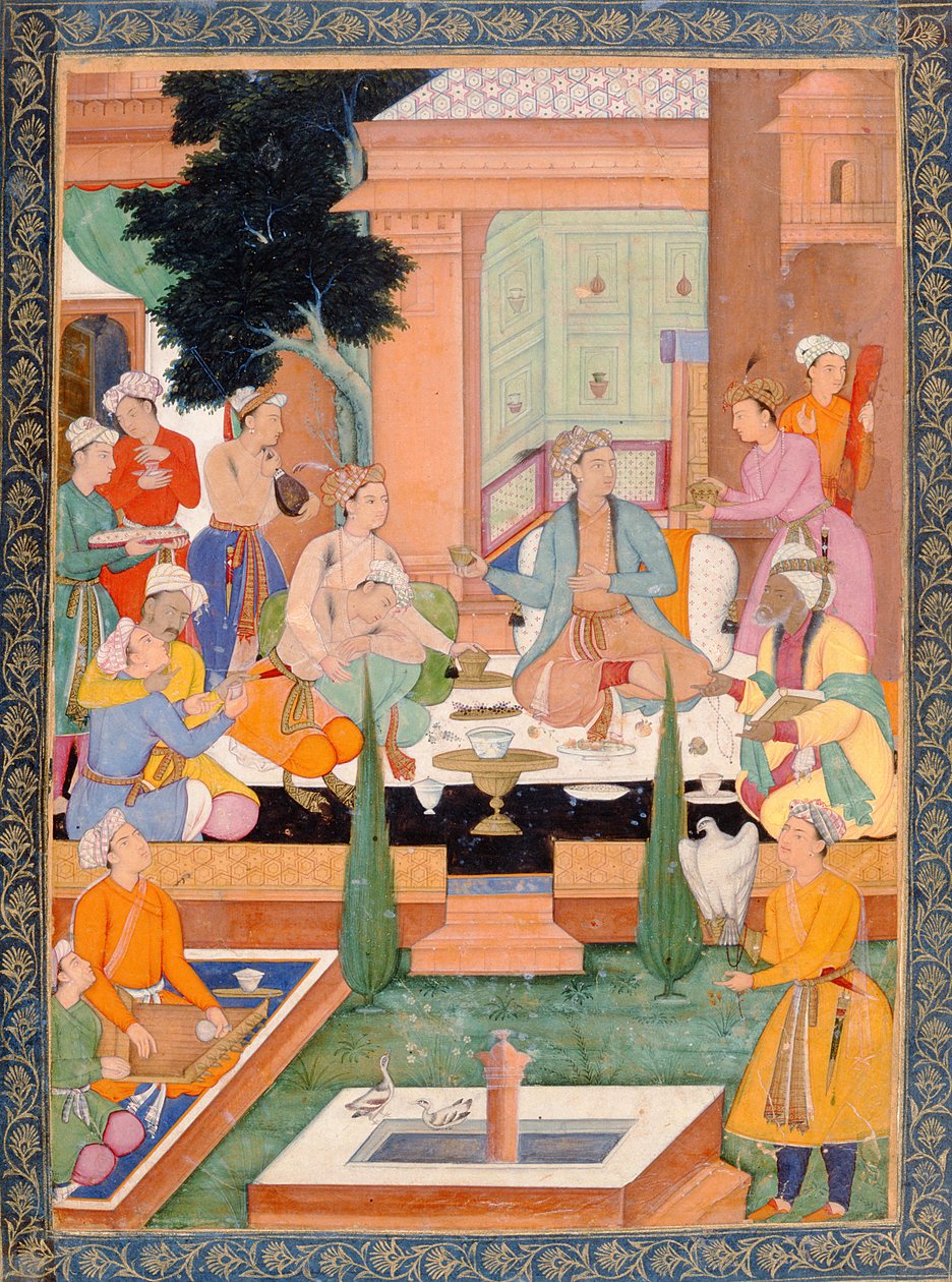 En prins og ledsagere tager forfriskninger og lytter til musik fra Small Clive Album af Mughal School