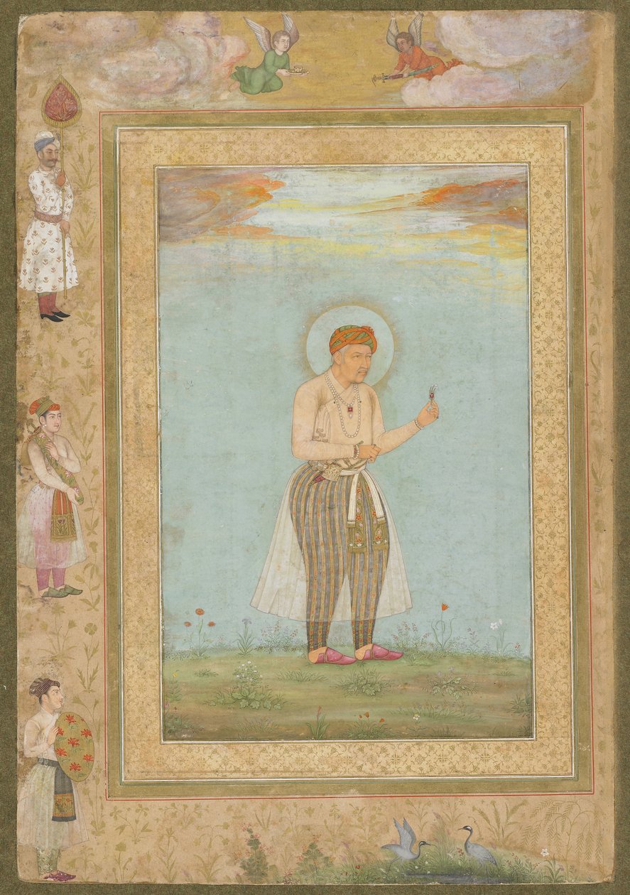 Akbar med en Sarpech, fra det sene Shahjahan Album, løsrevet manuskriptfolio, ca. 1650 af Mughal School