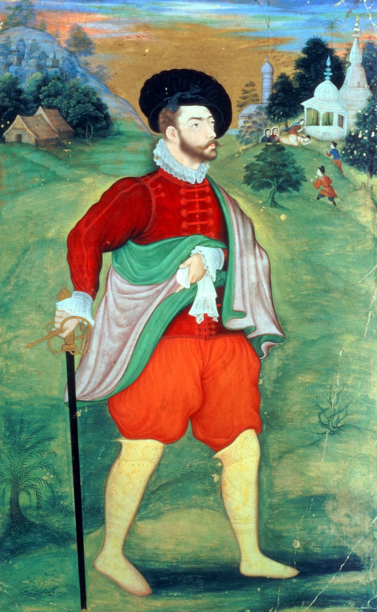 En europæer i Indien, ca. 1556-1605 (ugennemsigtig akvarel og guld på papir) af Mughal School