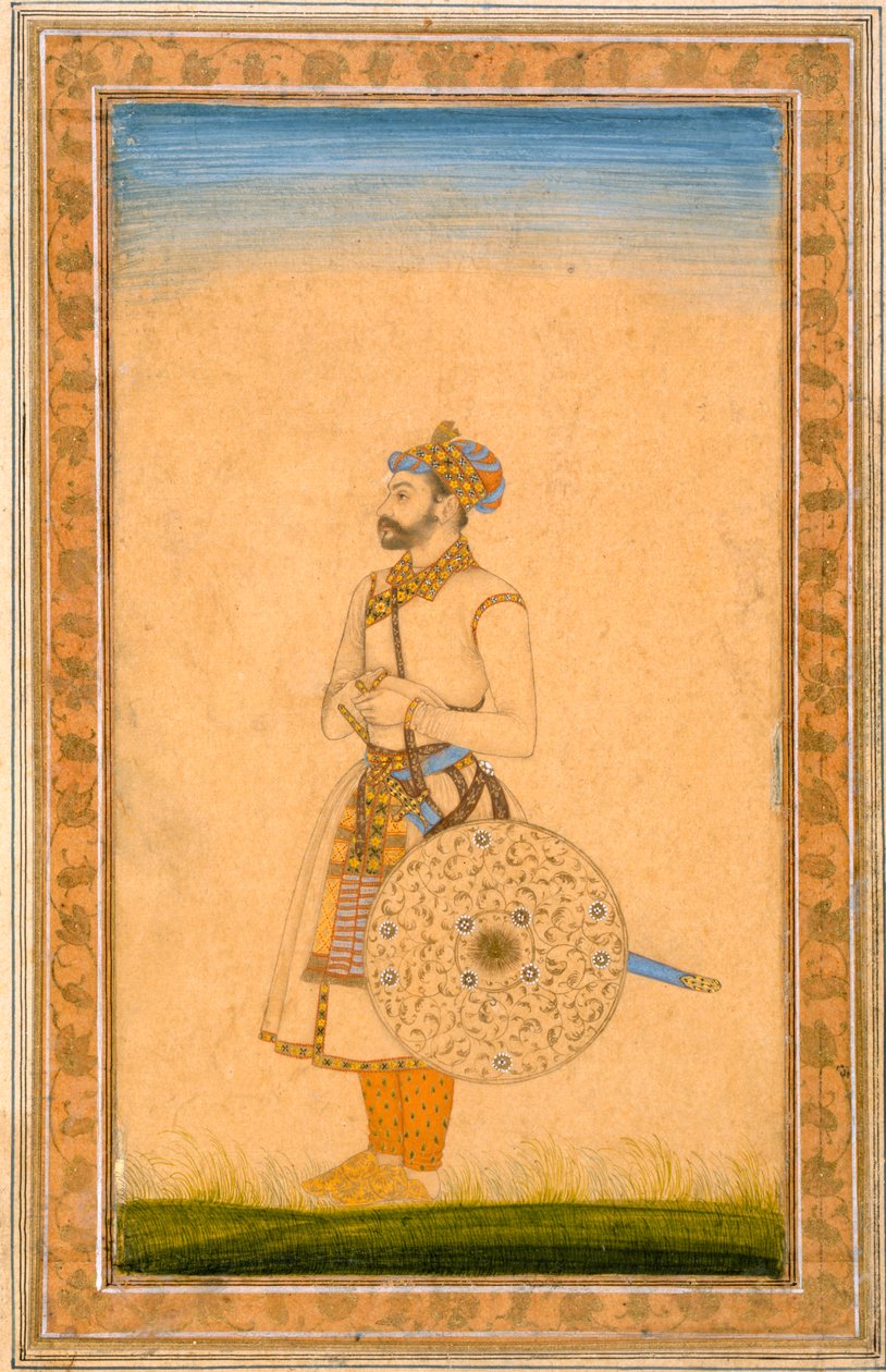 En officer, stående, med sværd og skjold, fra Small Clive Album, ca. 1600 (ugennemsigtigt wc på papir) af Mughal School