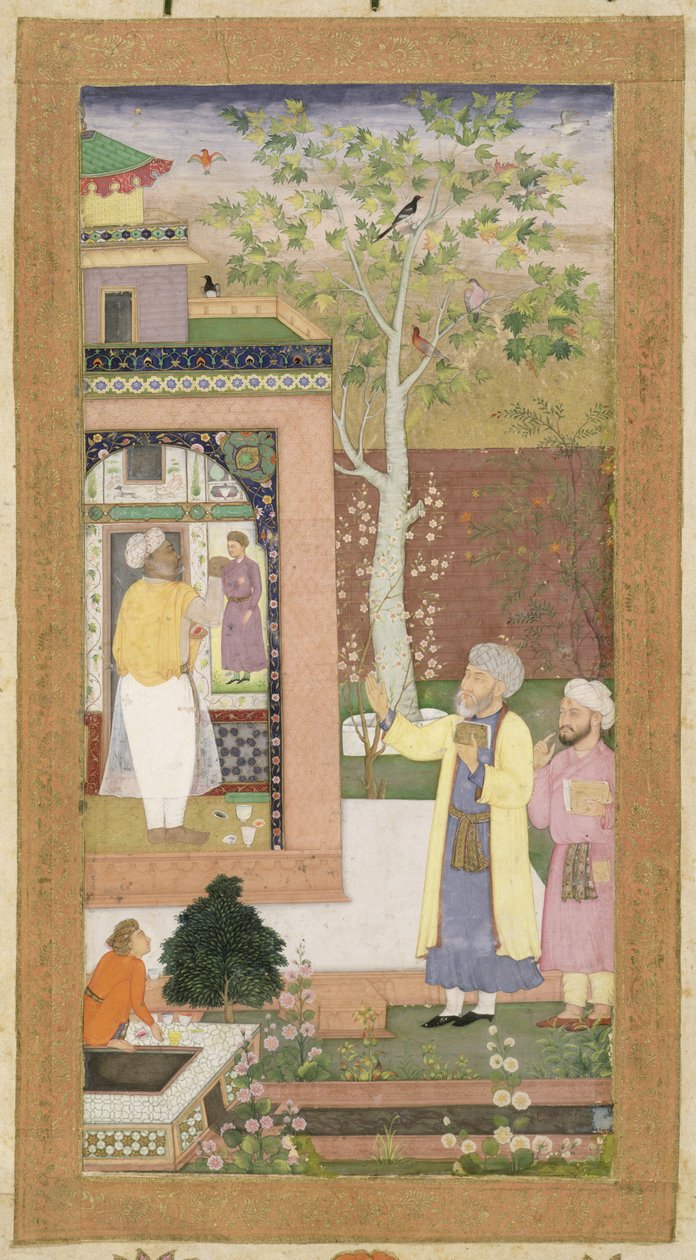 En kunstner udsmykker en havepavillons indre, fra Small Clive Album, ca. 1600 (uigennemsigtigt wc på papir) af Mughal School
