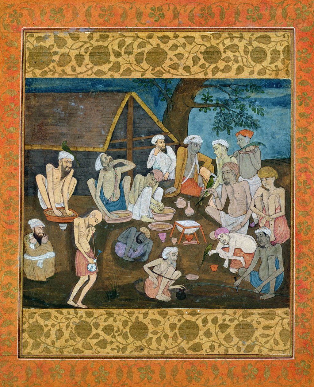 Forsamling af fakirer, der forbereder bhang og ganja, fra Large Clive Album af Mughal School