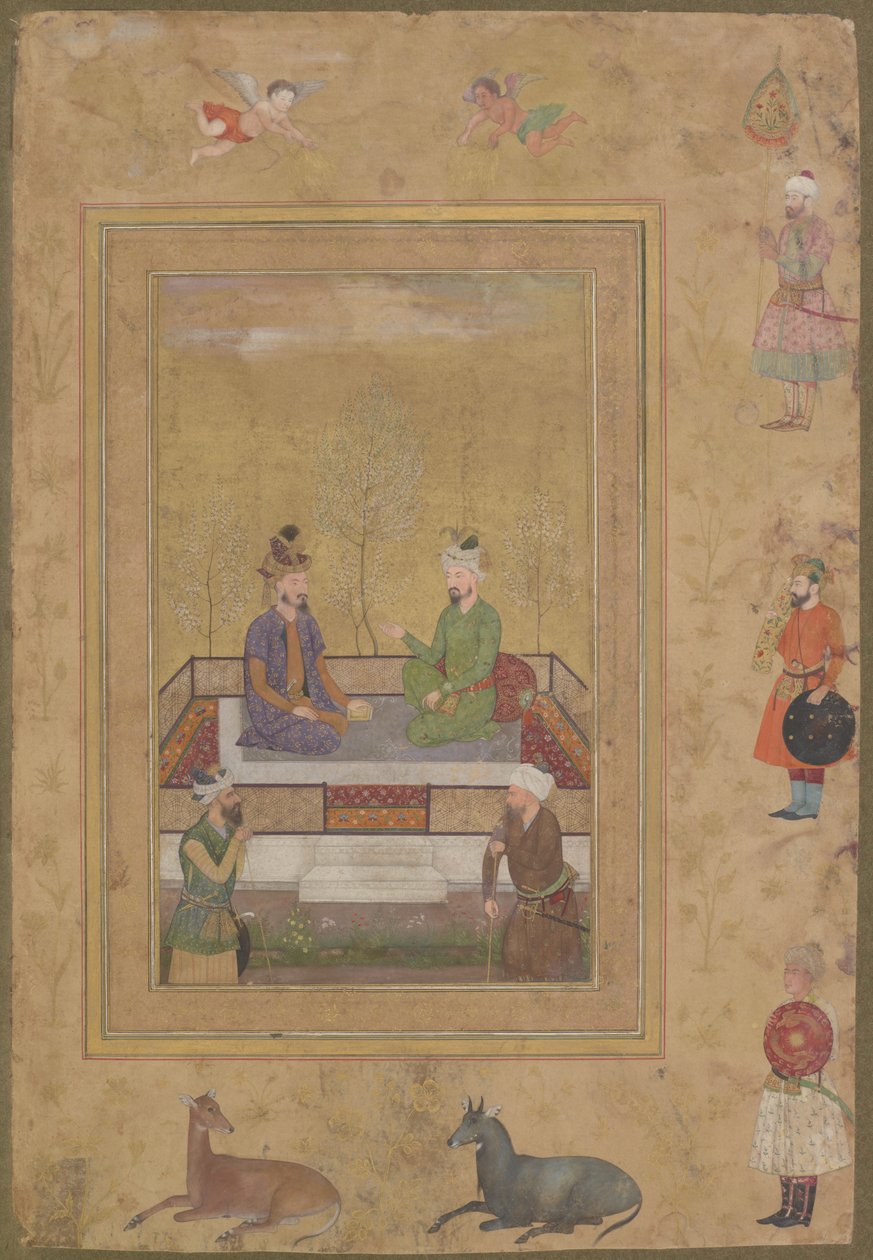 Babur og Humayun med hofmænd, fra det afdøde Shah Jahan Album, løsrevet manuskriptfolio, ca. 1640 af Mughal School