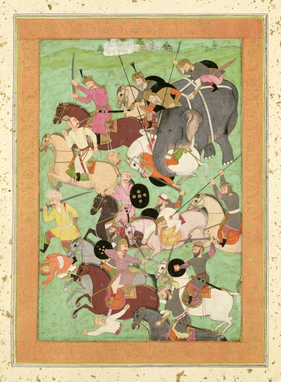Kamp mellem styrkerne fra Iran og Turan, illustration til Shahnama, Large Clive Album, midten af det 17. århundrede (papir, guld og læder) af Mughal School