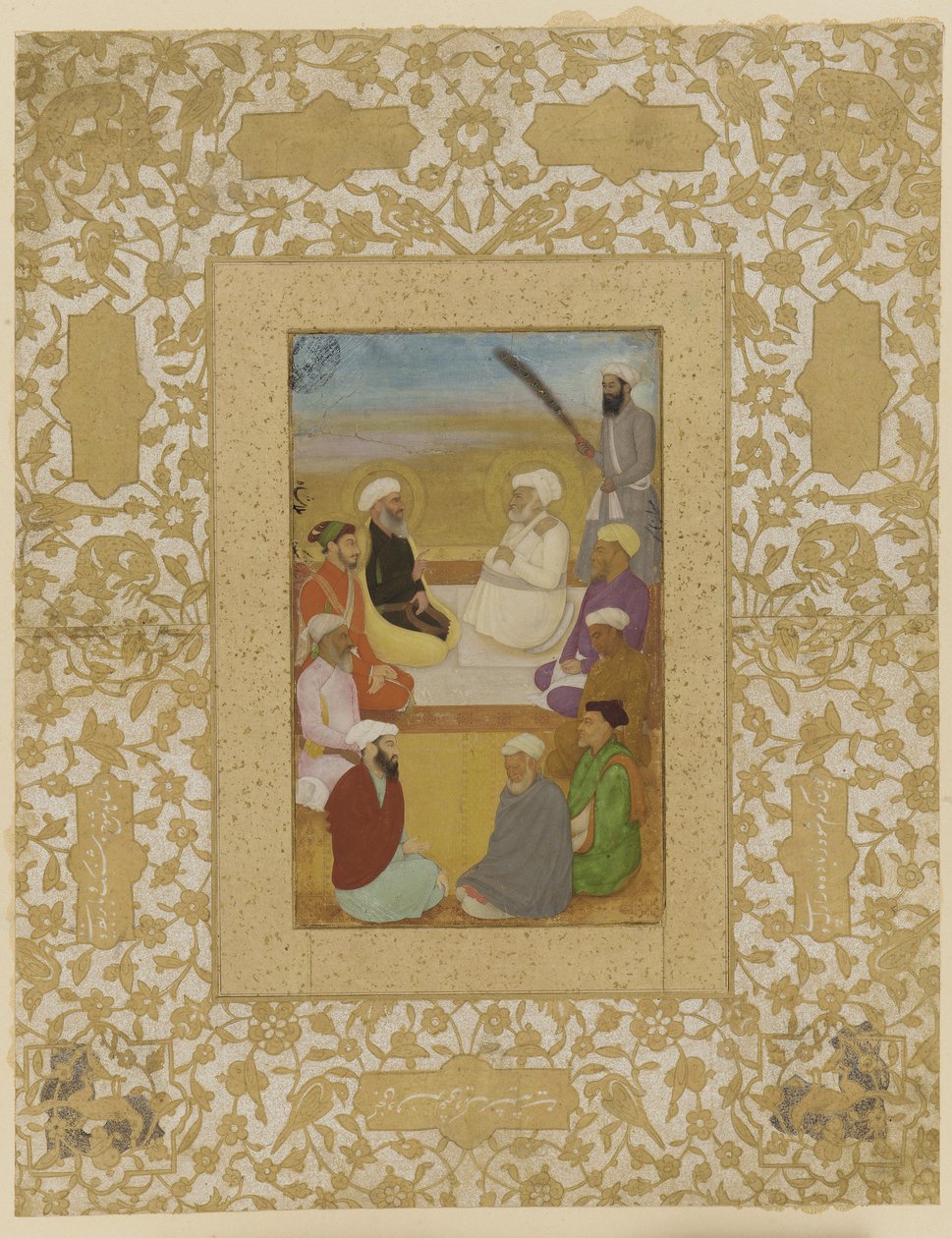 Dara Shikoh med Mian Mir og Mulla Shah, løsrevet albumfolio med maleri, ca. 1640 af Mughal School