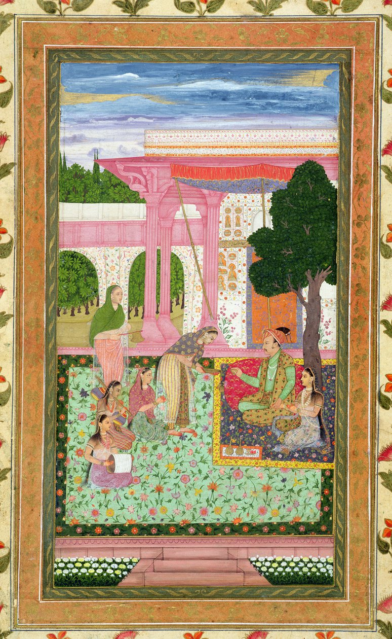 Kejser Jahangir (1569-1627) med sin gemalinde og ledsagere i en have, fra Small Clive Album (ugennemsigtigt wc på papir) af Mughal School