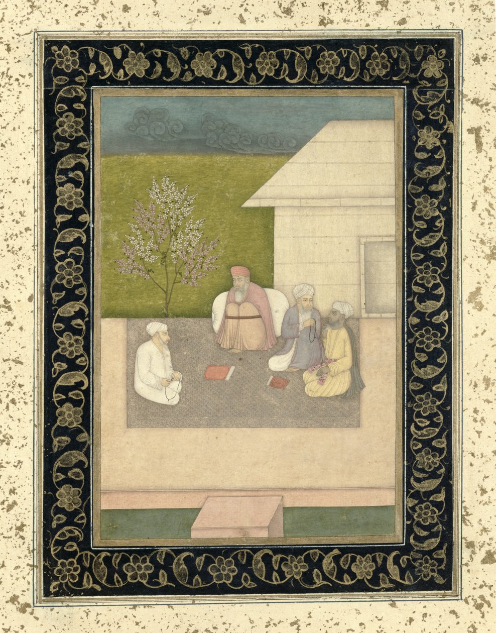 Fire muslimske hellige mænd siddende i meditation uden for en hytte, fra Large Clive Album af Mughal School