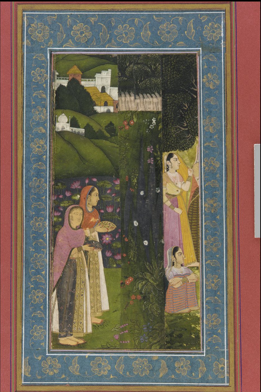 Ladies in a Garden, Album folio med maleri, slutningen af 1700-tallet af Mughal School