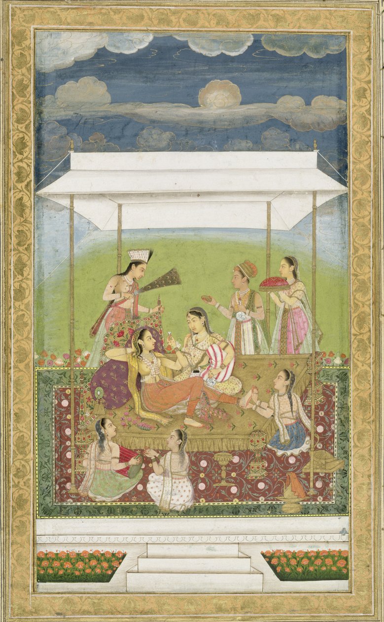 Damer lytter til musik i en have, fra Small Clive Album (uigennemsigtigt wc på papir) af Mughal School