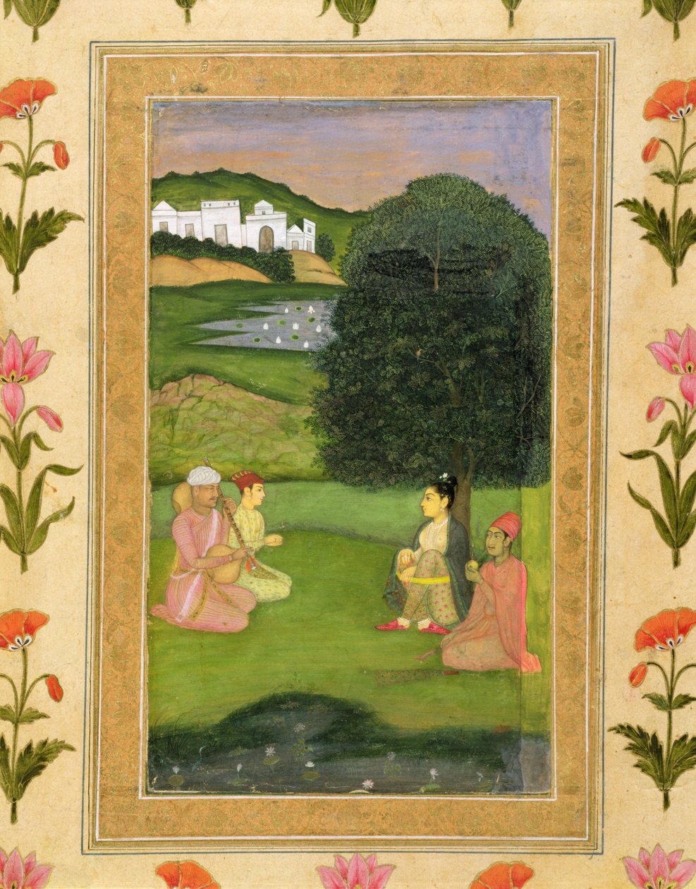 Dame og ledsager lytter til musik ved solnedgang, fra Small Clive Album af Mughal School
