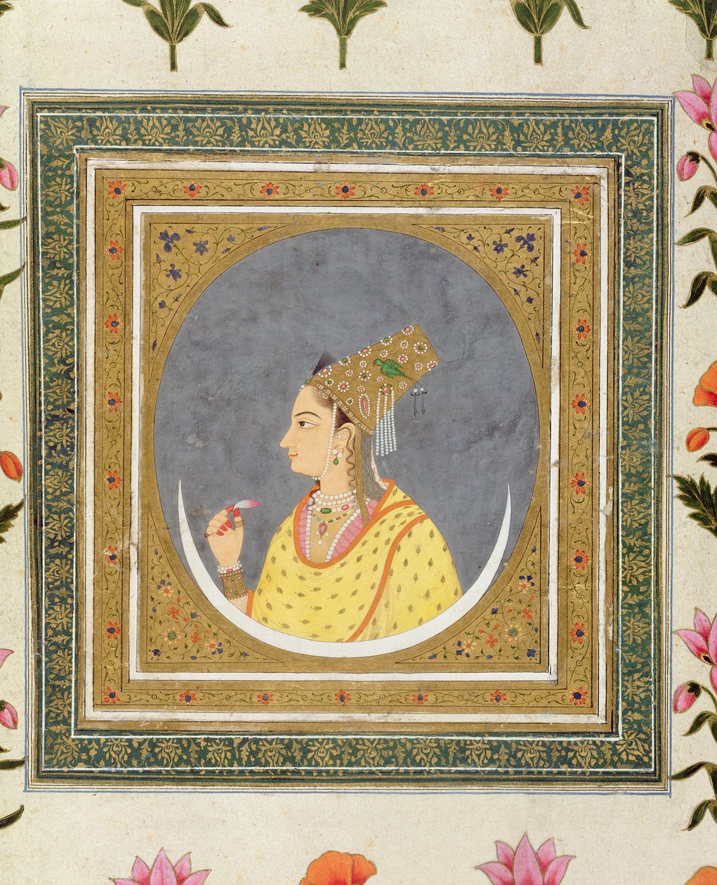 Portræt af en dame, der holder et lotusblad, fra Small Clive Album, ca. 1750-60 af Mughal School