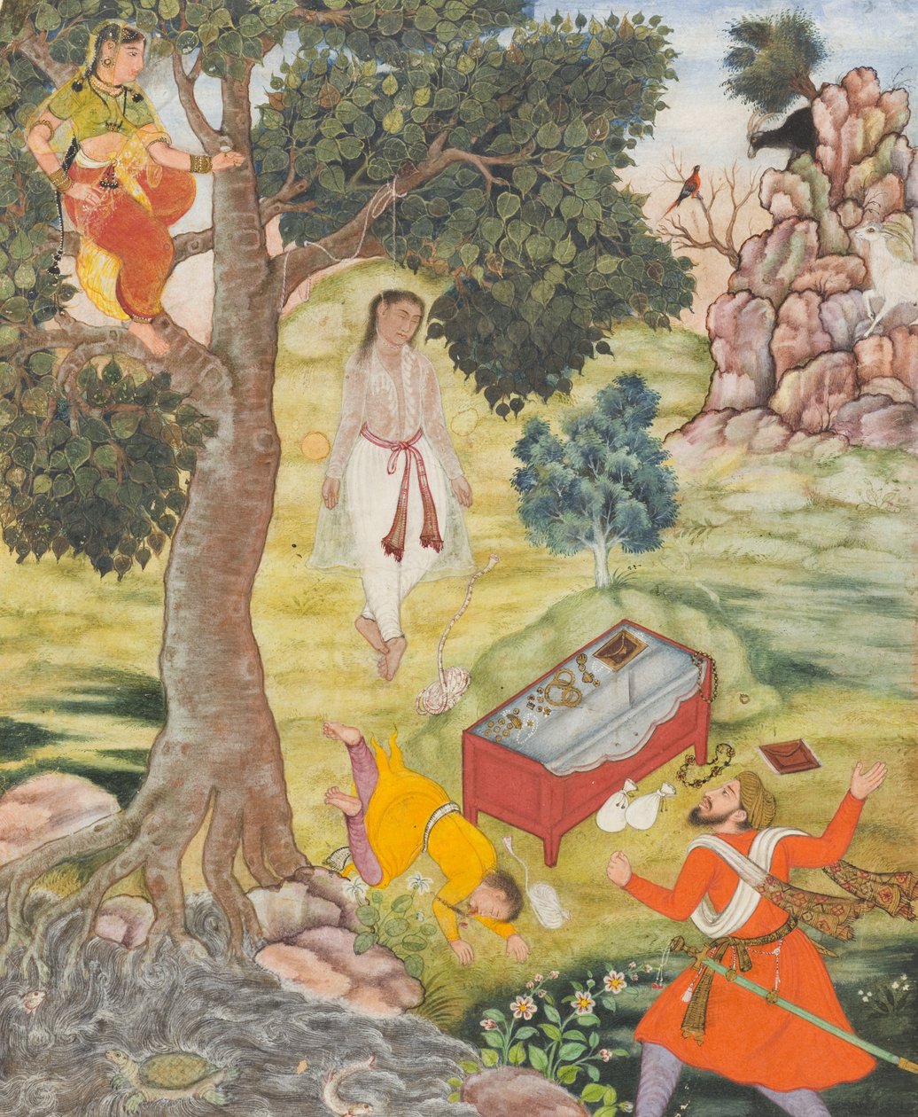 Tale of the Cunning Siddhikari, ca. 1590 (ugennemsigtig akvarel, guld og blæk på papir) af Mughal School