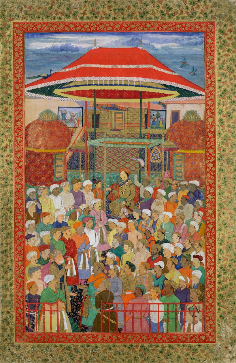 Hoffet byder kejser Jahangir (Shah Salim) velkommen (1569-1627) af Mughal School