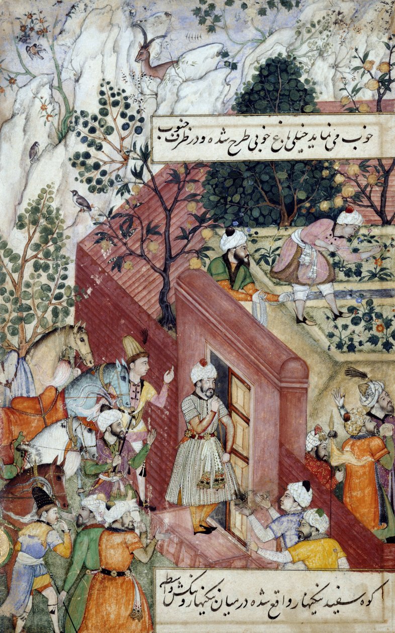Mughal-kejseren Babur (r.1526-30) er ved at oversøiske anlæggelsen af en have, ved hjælp af linjer, fra 