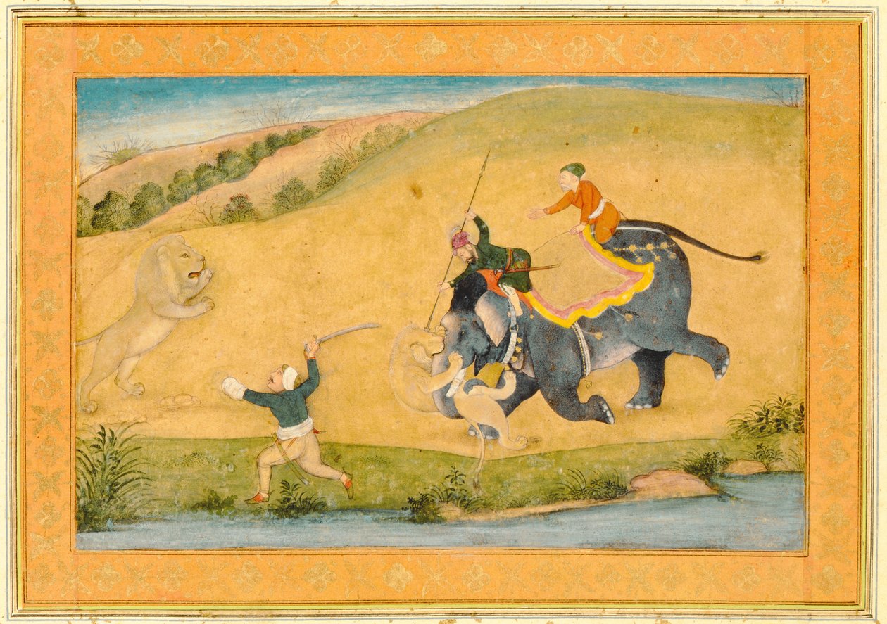 Tre mænd på løvejagt, fra Large Clive Album af Mughal School