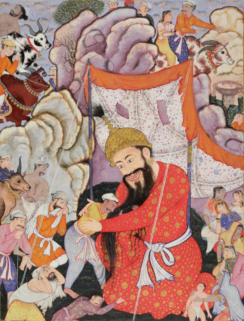 Zumurrud Shah når foden af et kæmpe bjerg og får selskab af Raim Blood-Drinker og Yaqut Shining, 1557-72 (wc & bladguld på bomuld) af Mughal School