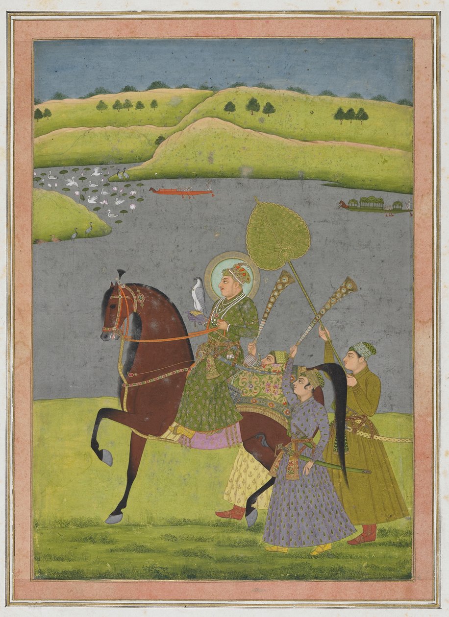 Ridesportræt af Muhammad Shah fra Impey Album, løsrevet manuskriptfolio, ca. 1730 (ugennemsigtig akvarel og guld på papir) af Mughal School