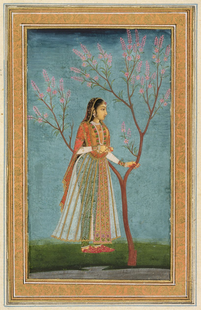 Lady stående ved et træ i blomst, fra Small Clive Album af Mughal School