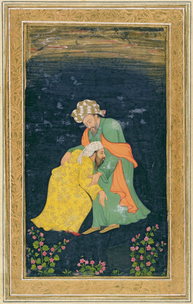 En Mullah, der bøjer sig for en mand i iransk kjole, der løfter ham op fra sin bøn, fra Small Clive Album (wc på papir) af Mughal School