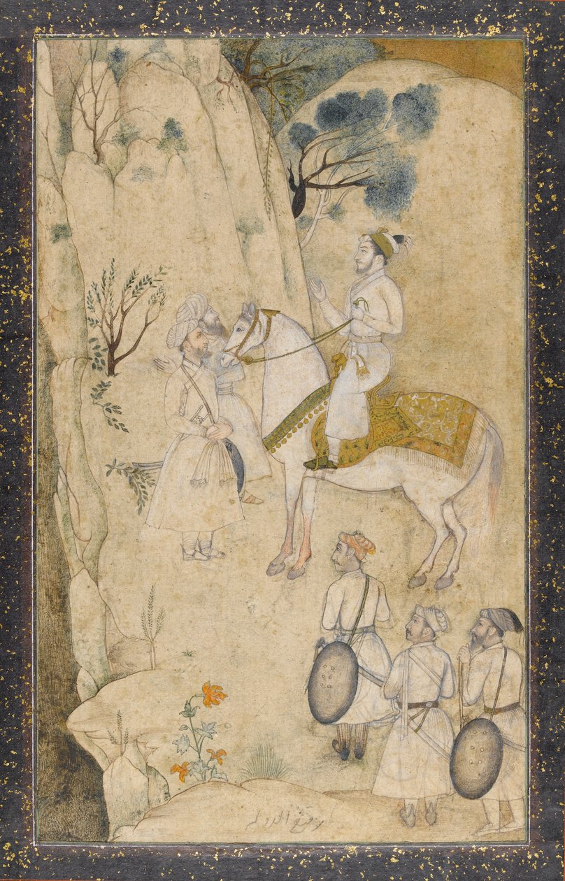En prins til hest, med fem ledsagere, angående et vandfald (wc med pen og blæk, grafit og guld på papir) af Mughal School