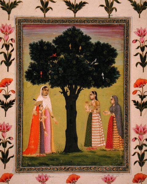 En prinsesse med sin søn møder to damer, der tilbyder gaver, fra Small Clive Album (ugennemsigtig akvarel på papir) af Mughal School