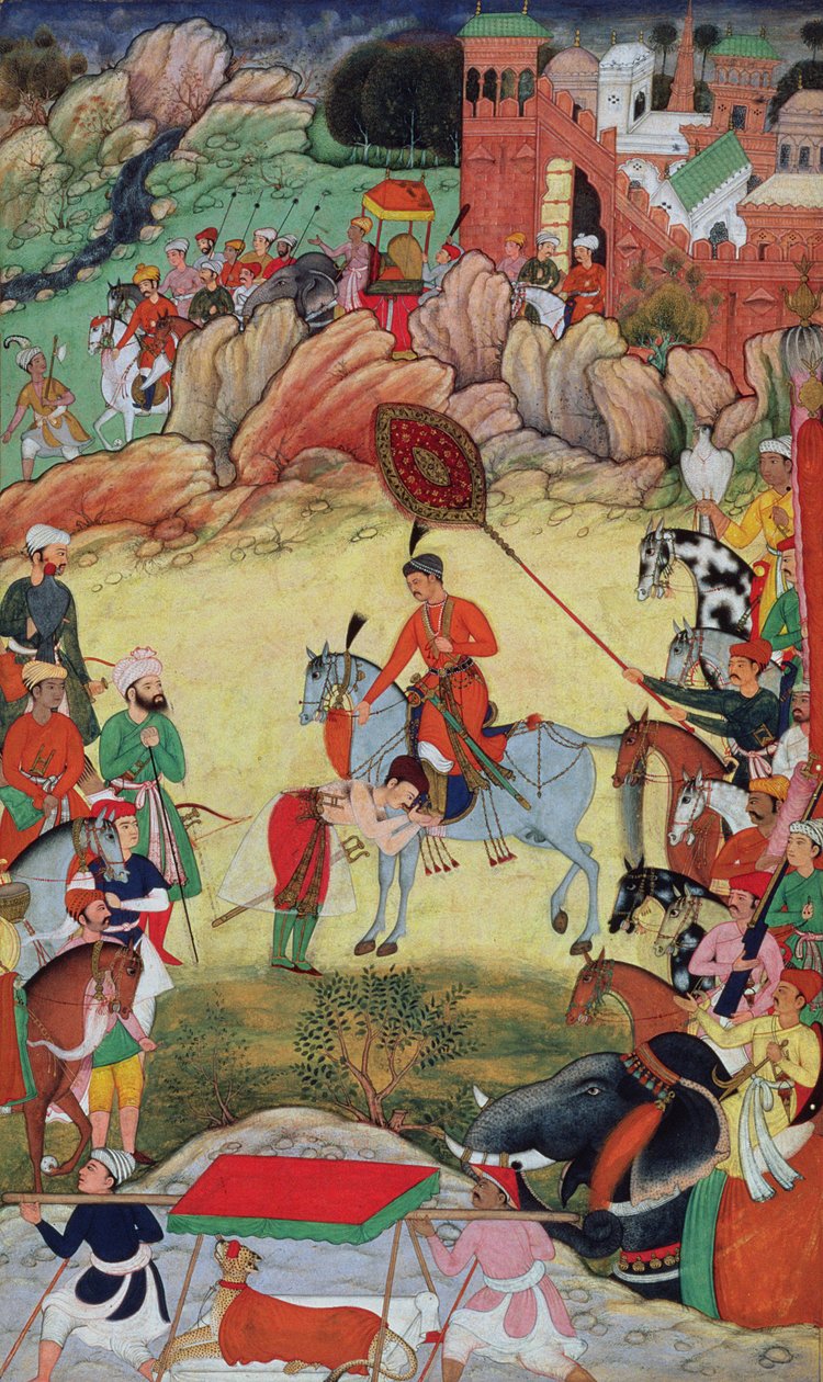 Adham Khan hylder Akbar i Sarangpur, Centralindien, i 1560 eller 1561, fra Akbarnama, 1590-98 af Mughal School