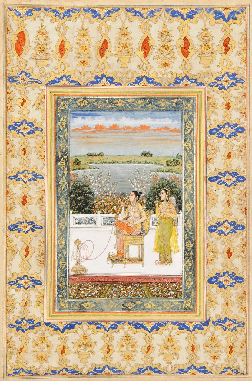 Albumside: Gulbadan Begum ryger på en terrasse, Delhi, ca. 1800 af Mughal School