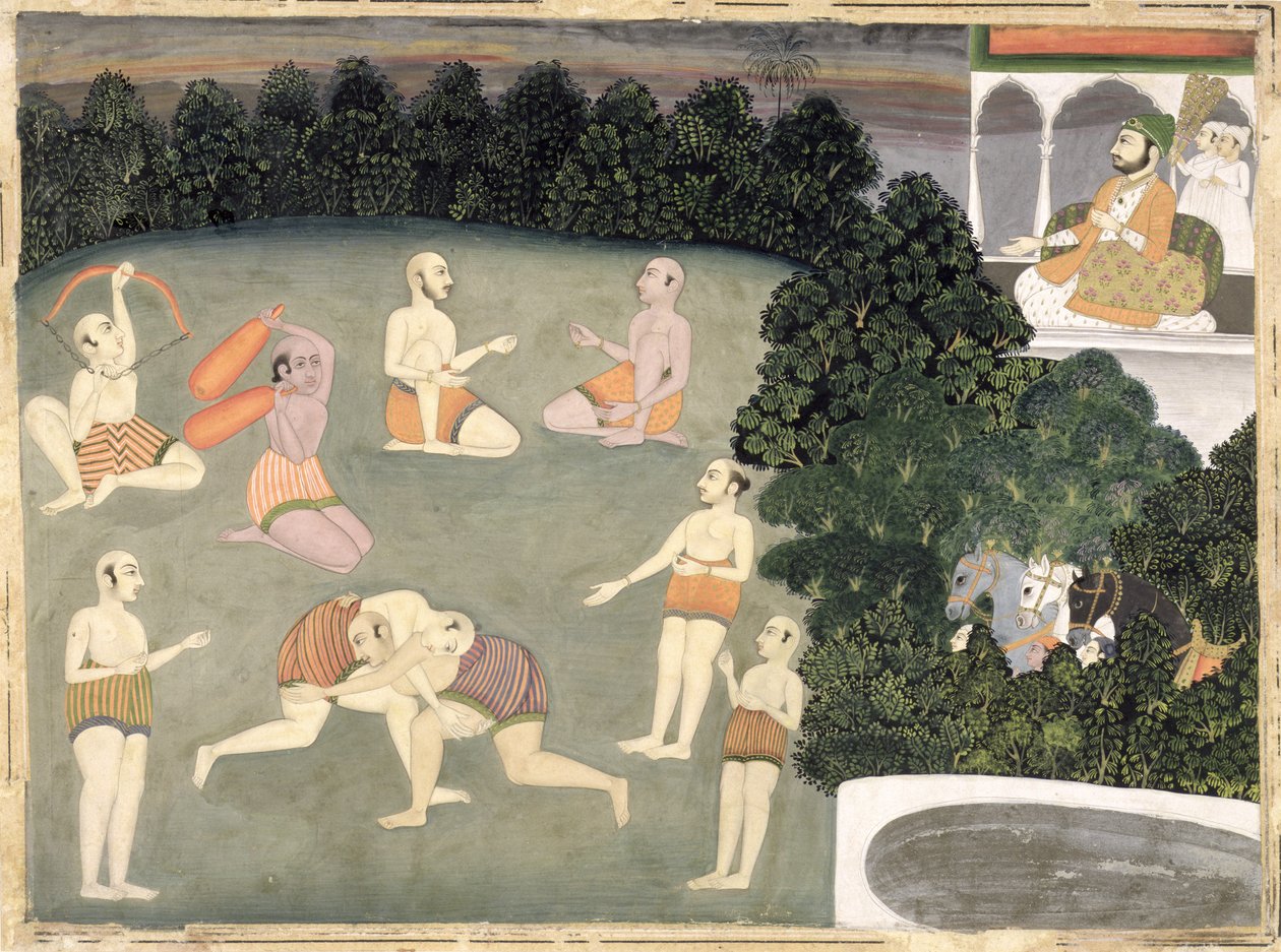 Atleter optræder foran en siddende adelig, ca. 1760 (ugennemsigtigt wc på papir) af Mughal School