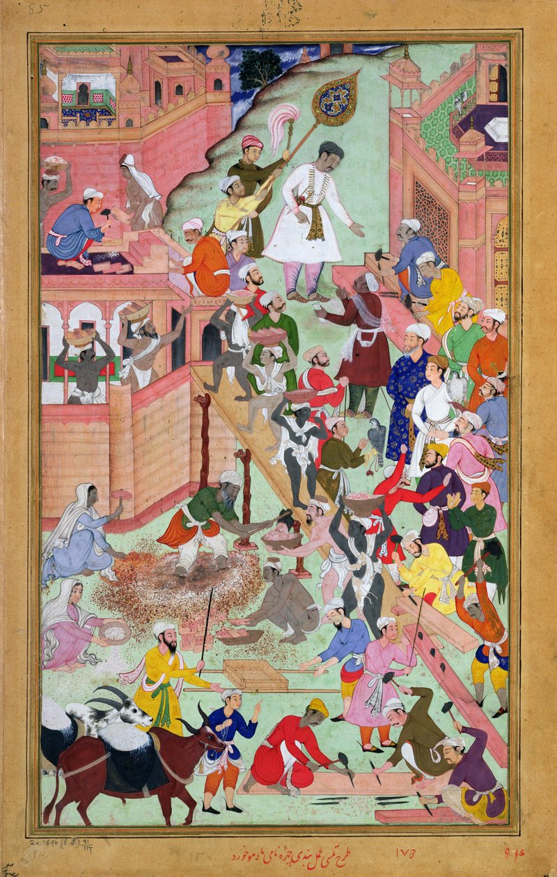 Kejser Akbar (r.1556-1605) inspicerede bygningsarbejdet i Fatehpur Sikri, by afsluttet 1584, fra Akbarnama, 1590-98 (ugennemsigtigt wc & guld på papir) af Mughal School