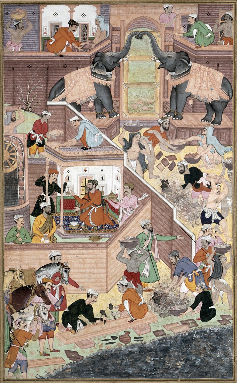 Kejser Akbar (r.1556-1605) inspicerer byggearbejdet ved Fatehpur Sikri, fra Akbarnama lavet af Abul Fazi, 1590-98 (ugennemsigtigt wc & guld på papir) af Mughal School