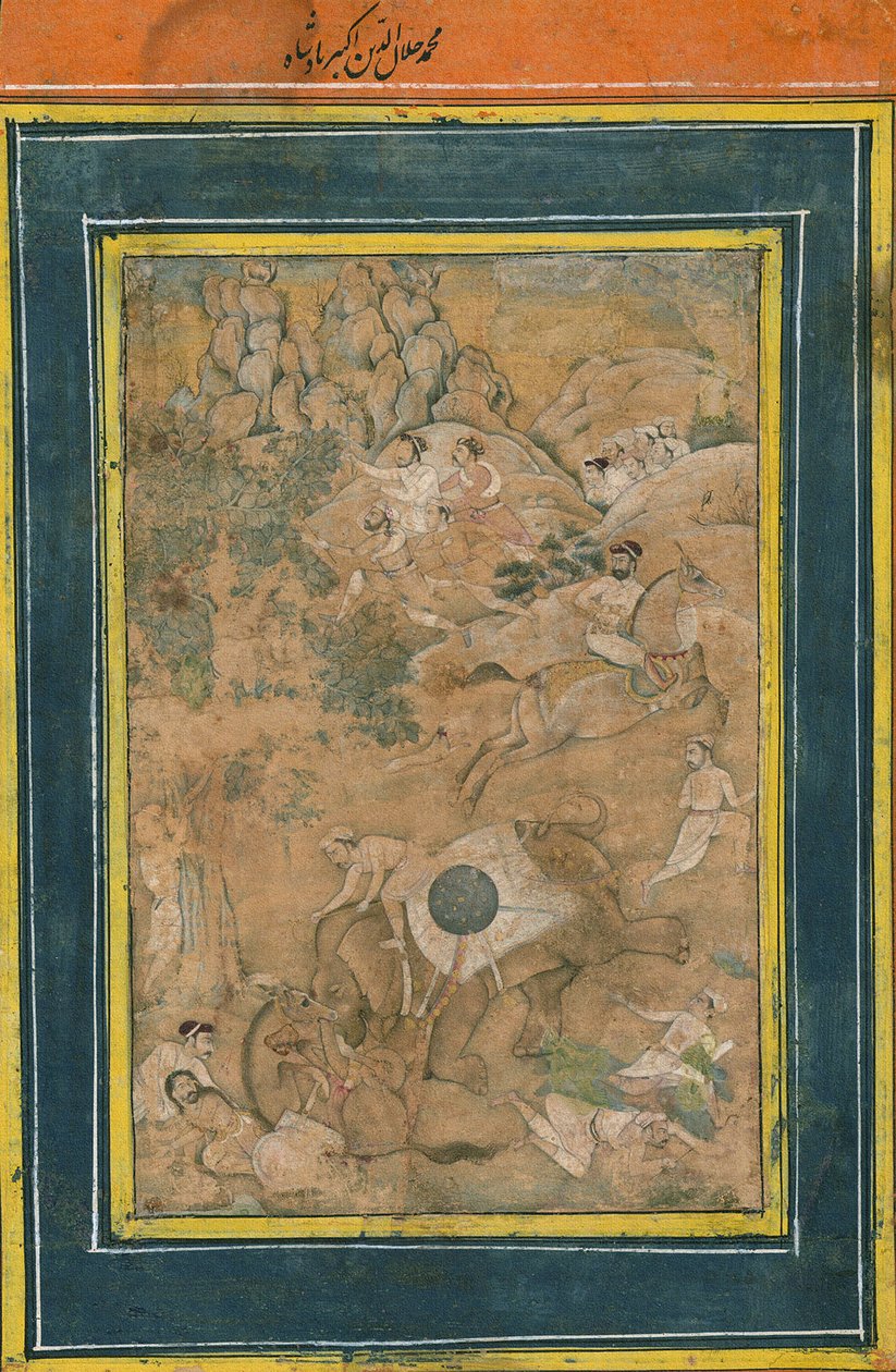 Kejser Akbar kontrollerer en elefant under en jagt, tidligt i det 17. århundrede (ugennemsigtig akvarel, guldmaling og blæk på papir) af Mughal School