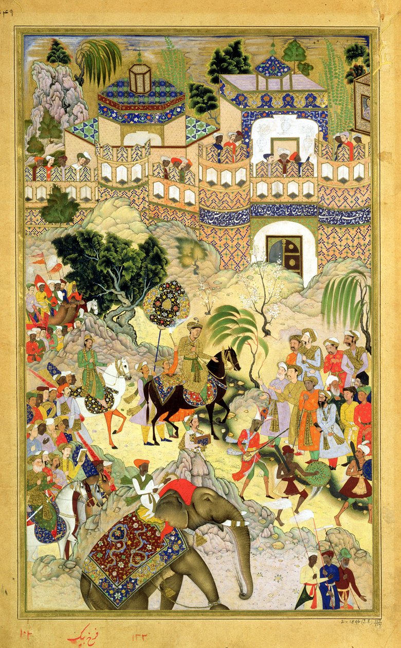 Kejser Akbars triumferende indtog i Surat, fra Akbarnama lavet af Abul Fazi (1515-1602) 1590-98 (ugennemsigtigt wc & guld på papir) af Mughal School