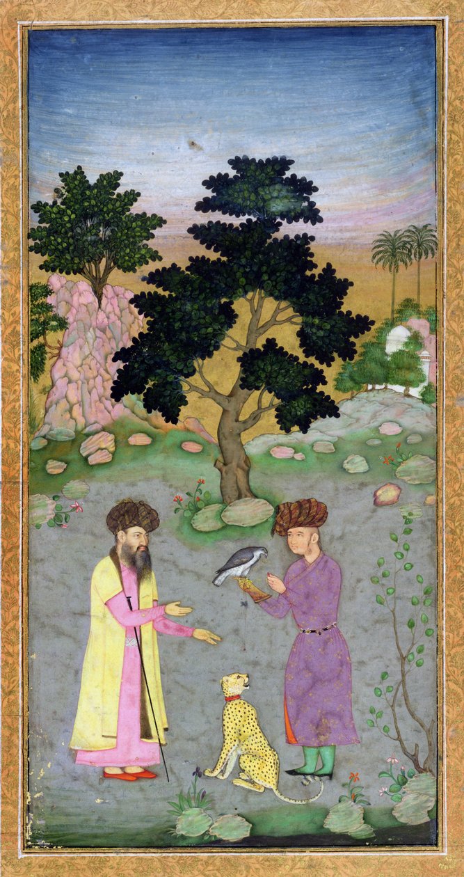 Falkoner med ledsager og kæledyrsgepard, fra Small Clive Album, ca. 1610-15 (ugennemsigtigt wc på papir) af Mughal School
