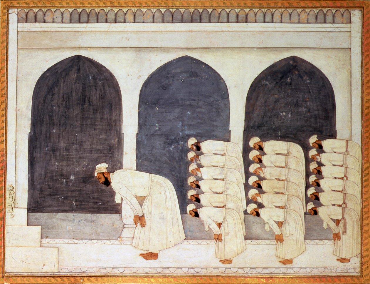 Folio.38a En mogulprins i en moske, der leder fredagsbøn fra det store Clive Album, Mughal, ca. 1720 af Mughal School