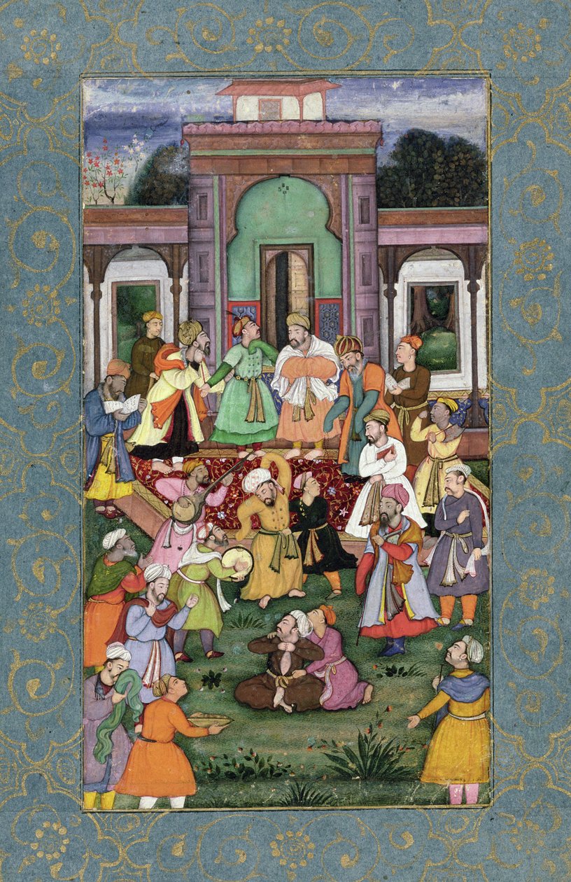 Gruppe af hvirvlende dervisher, fra Large Clive Album, ca. 1595 (ugennemsigtigt wc med guld på papir) af Mughal School