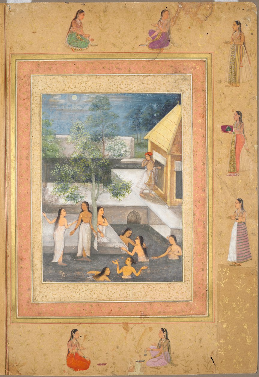 Harem Night-Bathing Scene (recto): Kalligrafi indrammet af en dekorativ kant af blomster og fugle (verso), ca. 1650 (blæk og farve på papir) af Mughal School