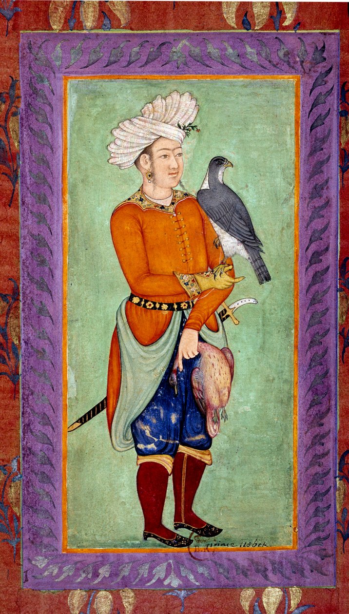 Indisk kunst: repræsentation af en usbekisk prins, der holder en høg til jagt, på den anden side et dødt bytte. Akvarel fra Moghole-perioden fra et manuskript af Mughal School