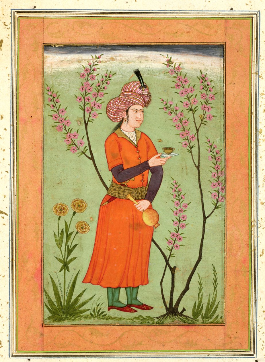 Iransk fyrstefigur, der holder en kop og en kolbe, ca. 1640, fra Large Clive Album af Mughal School