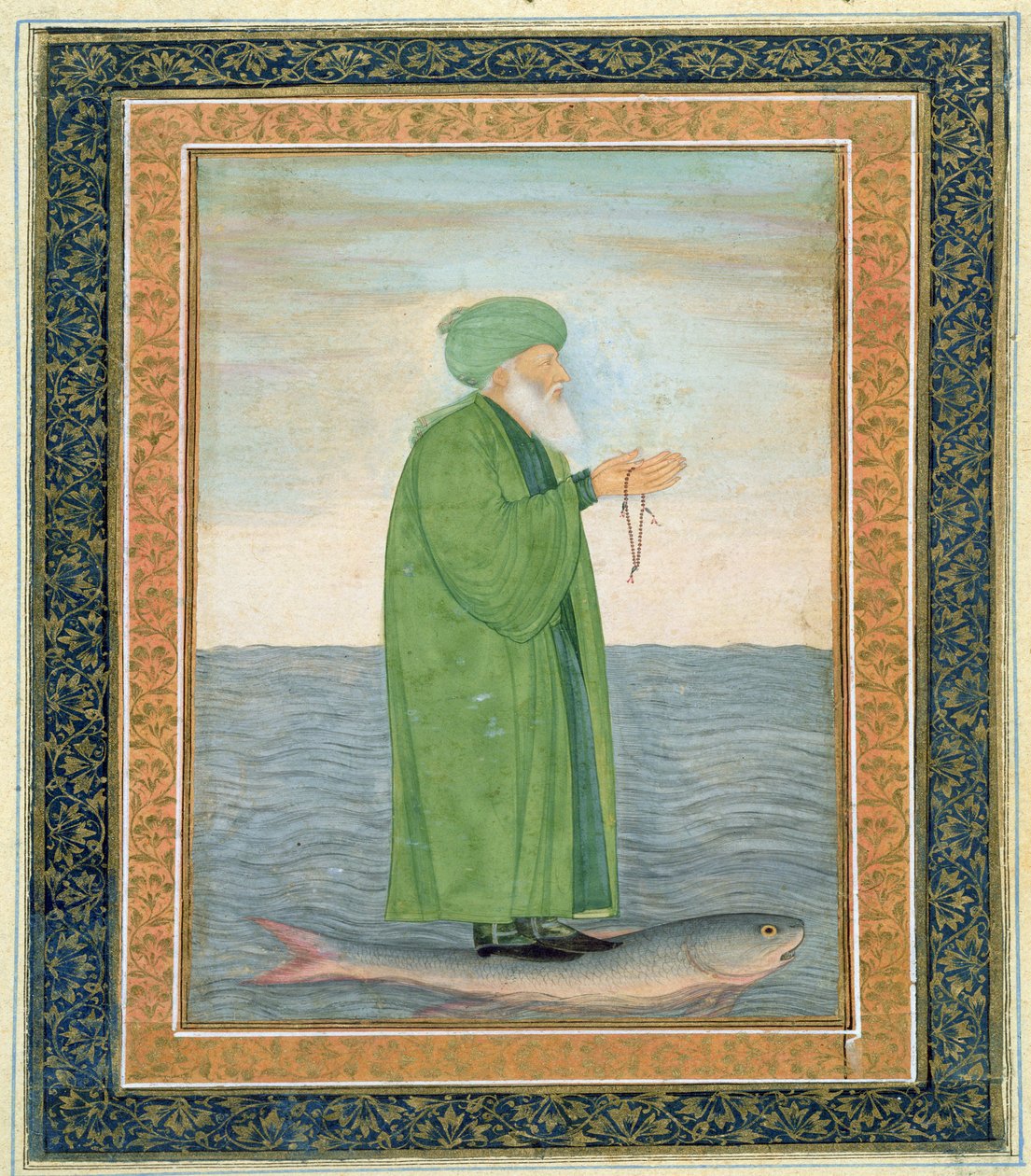 Khawa Khizir Khan rider på en fisk, fra Small Clive Album (ugennemsigtigt wc på papir) af Mughal School