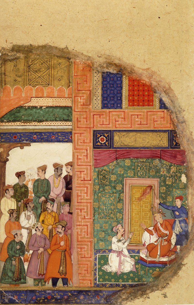 Kong Dasaratha taler med familiepræsten om Ramas regentskab inde i paladset, mens hoffolk og ministre venter i gården, ca. 1595 af Mughal School