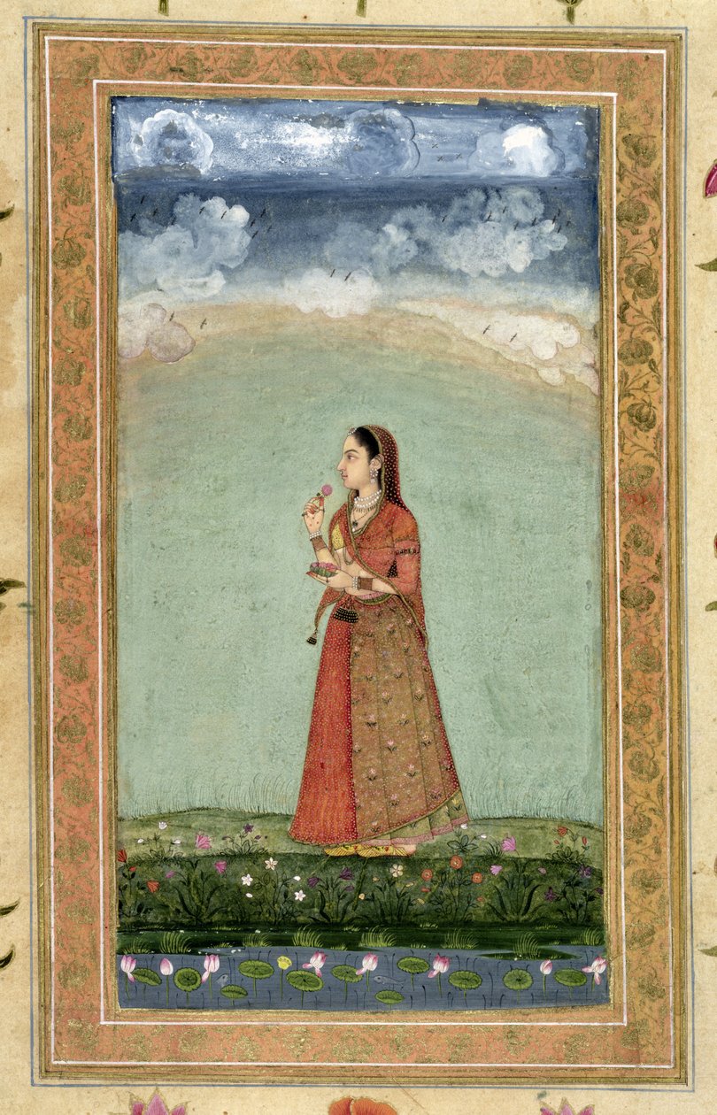 Dame med en skål med roser fra Small Clive Album (ugennemsigtigt toilet på papir) af Mughal School