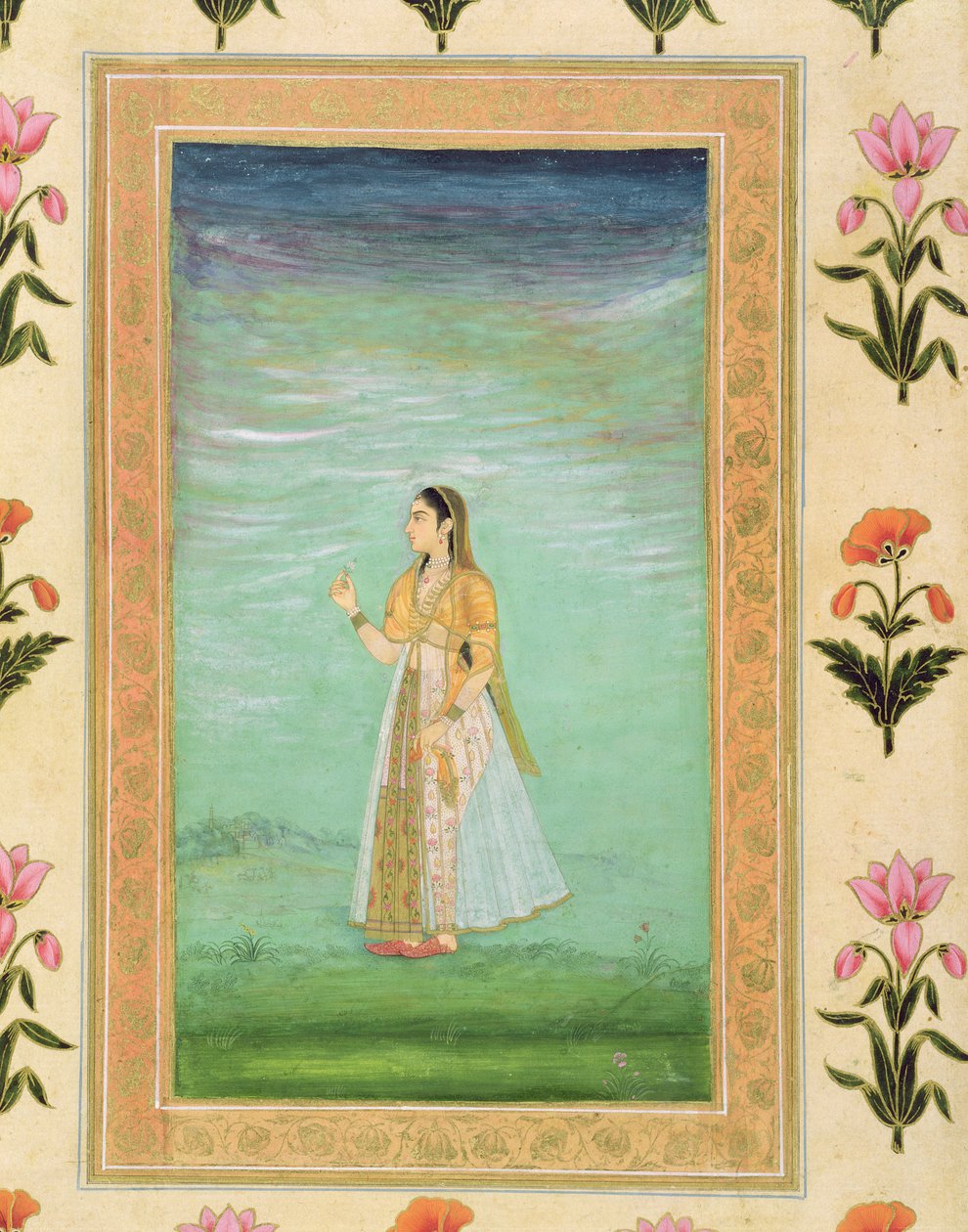 Dame holder en blomst, fra Small Clive Album (ugennemsigtigt toilet på papir) af Mughal School