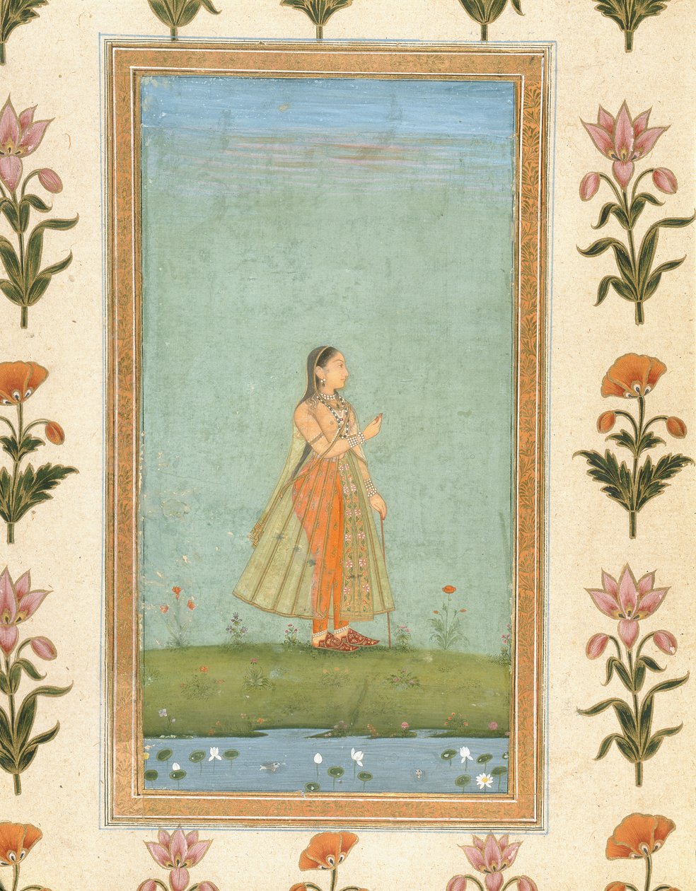 Dame med en blomst, stående ved en liljedam, fra Small Clive Album (ugennemsigtigt wc på papir) af Mughal School