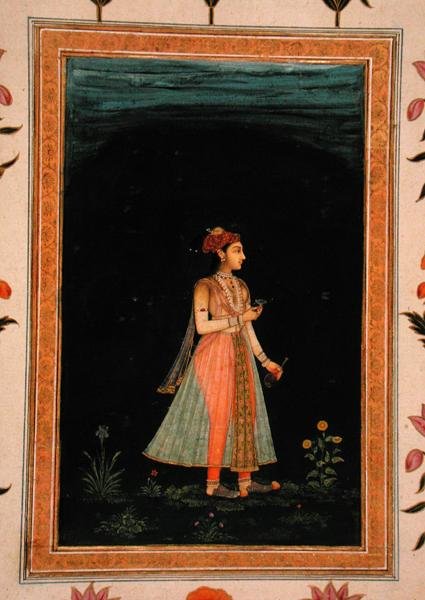Dame holder en vinkolbe og et glas om natten fra Small Clive Album af Mughal School