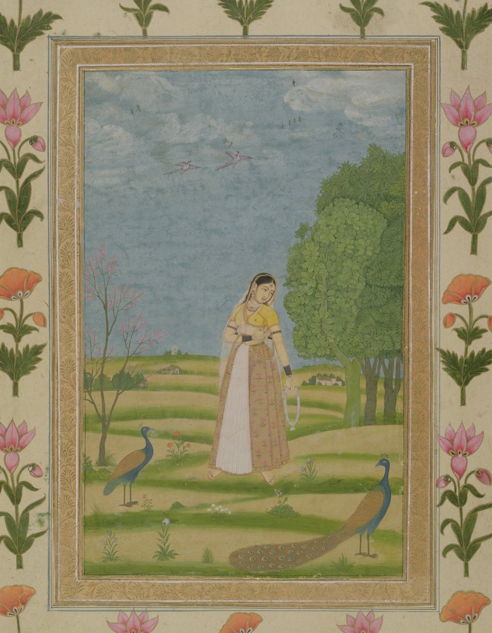 Dame med påfugle, fra Small Clive Album (ugennemsigtigt wc på papir) af Mughal School