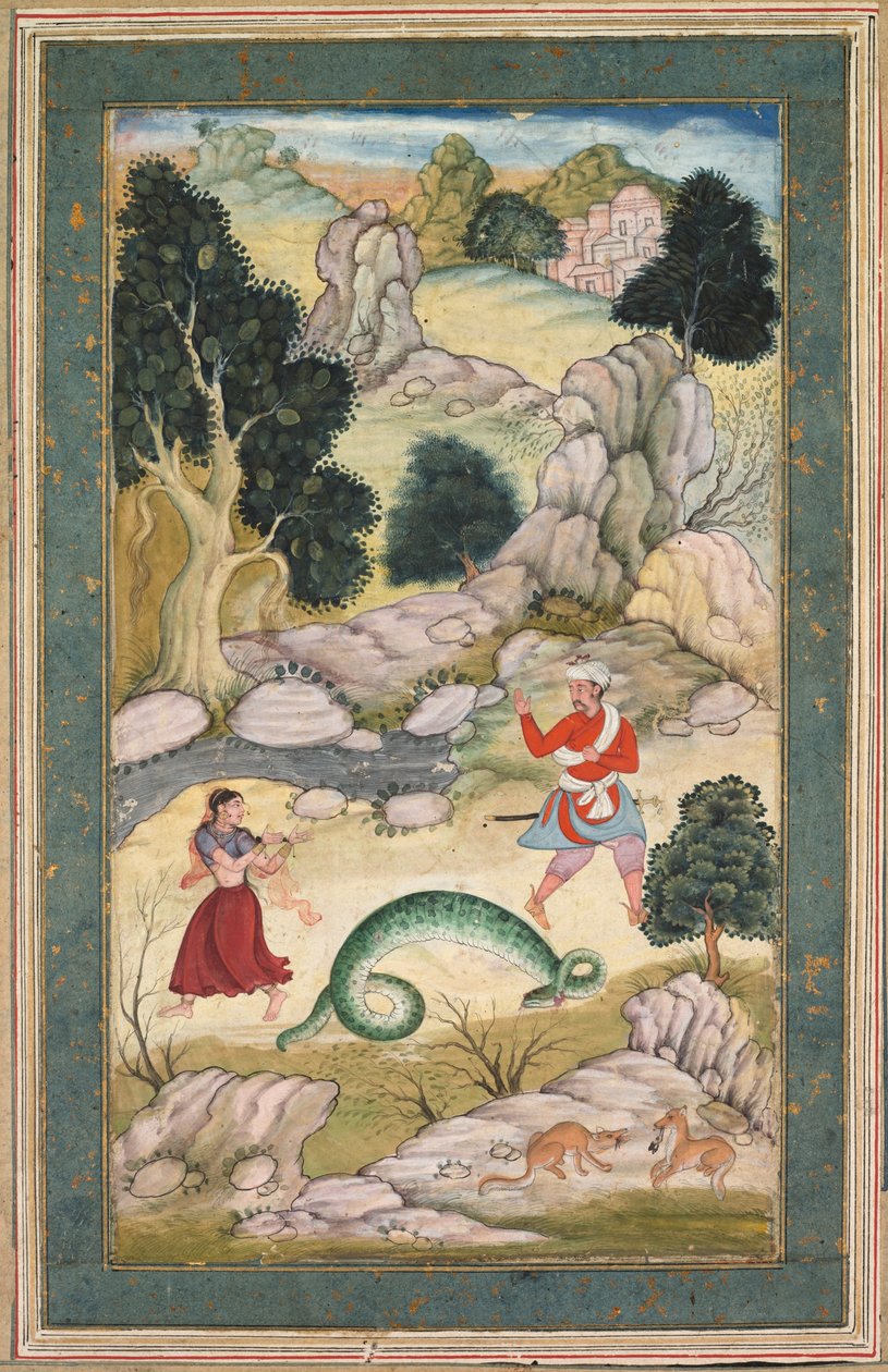 Elskende skilles, side fra en bog med fabler, ca. 1590-95 (uigennemsigtig akvarel med guld på papir) af Mughal School