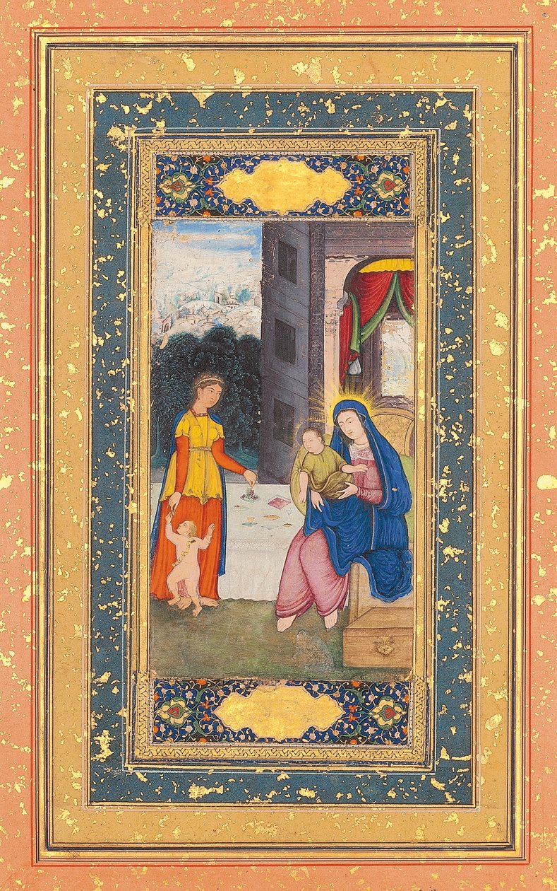 Madonna og barn besøgt af Elizabeth og Johannes Døberen, Mughal Indien, ca. 1610 af Mughal School